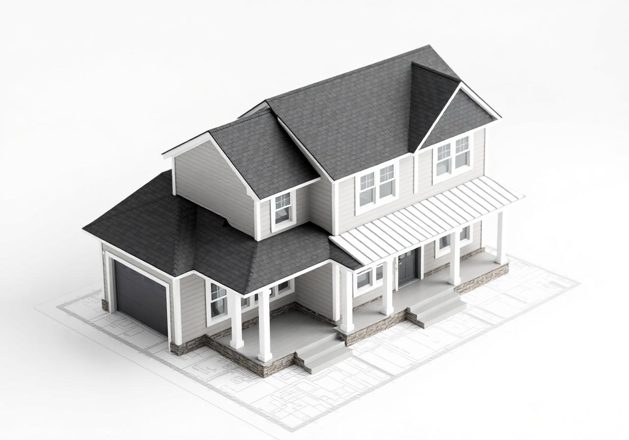 Home with fresh siding on architectural blueprints